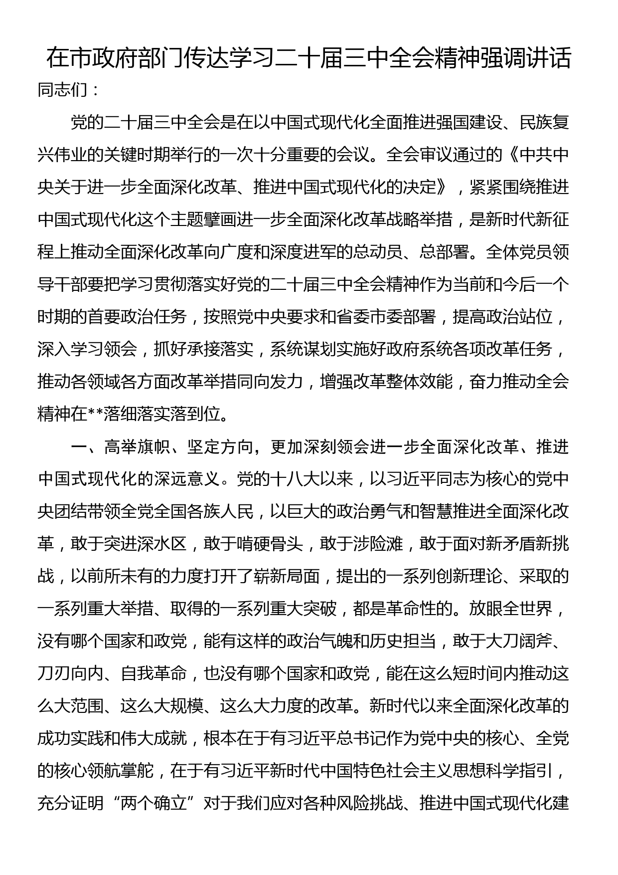 在市政府部门传达学习二十届三中全会精神强调讲话_第1页