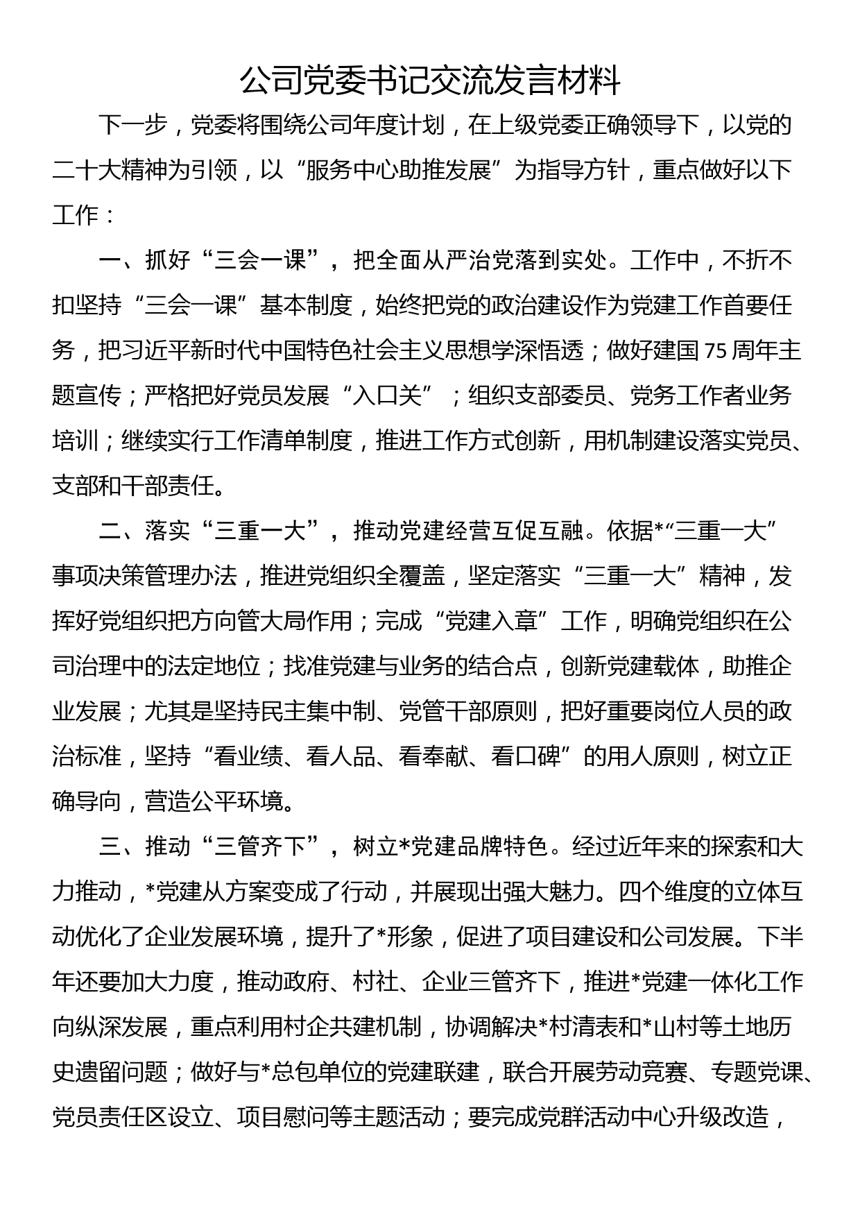 公司党委书记交流发言材料_第1页