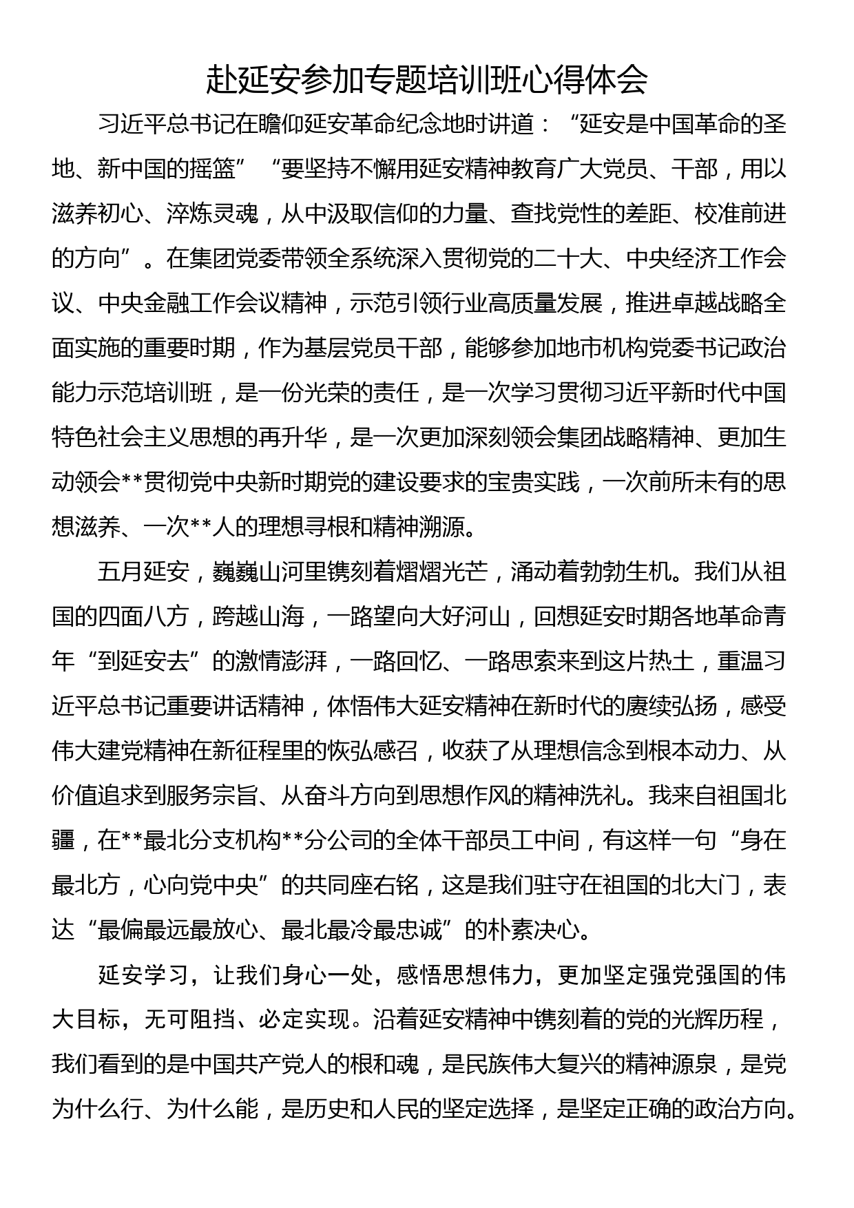 赴延安参加专题培训班心得体会_第1页