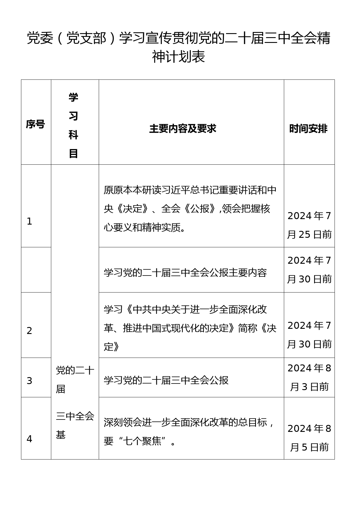 党委（党支部）学习宣传贯彻党的二十届三中全会精神计划表_第1页