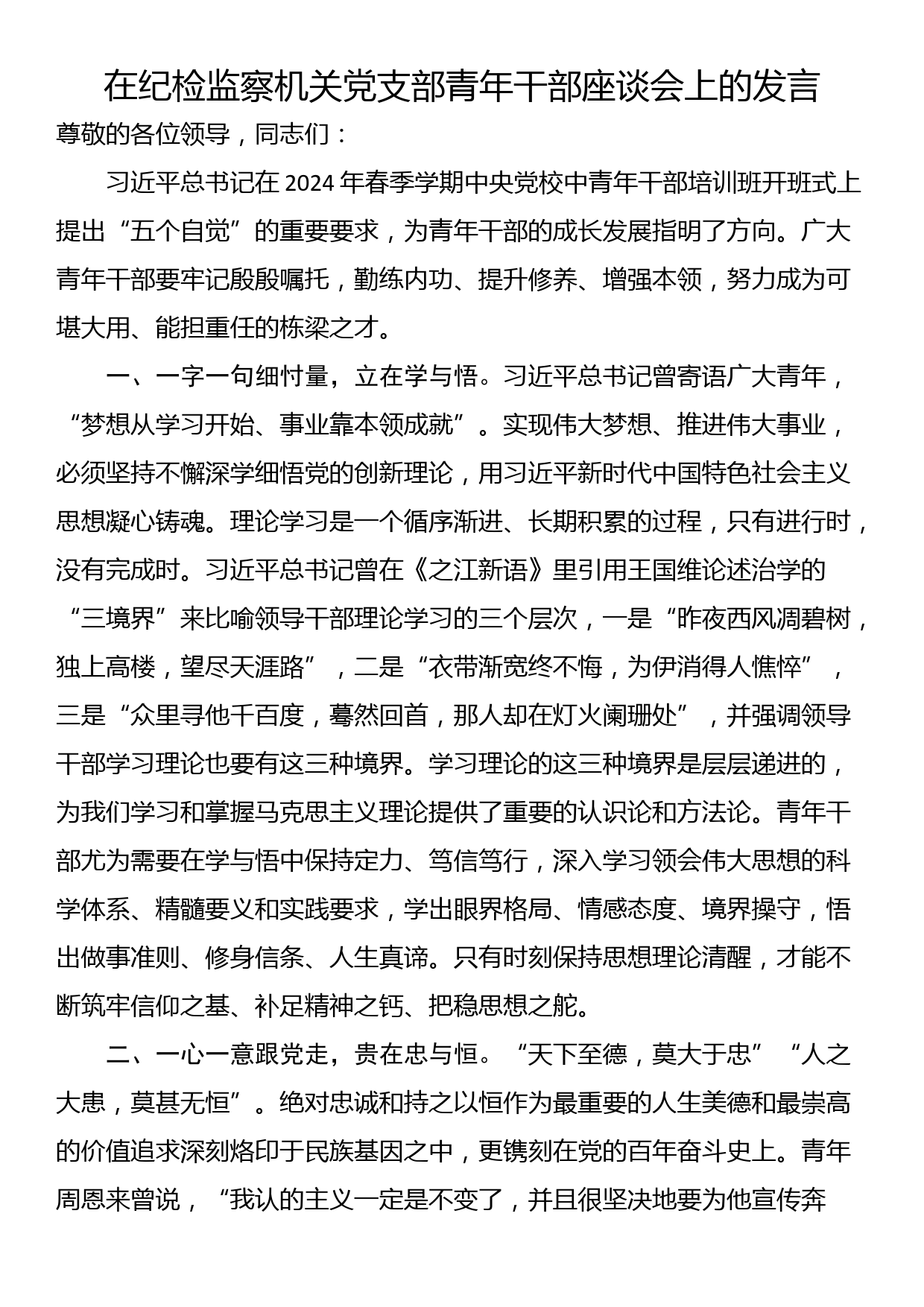 在纪检监察机关党支部青年干部座谈会上的发言_第1页