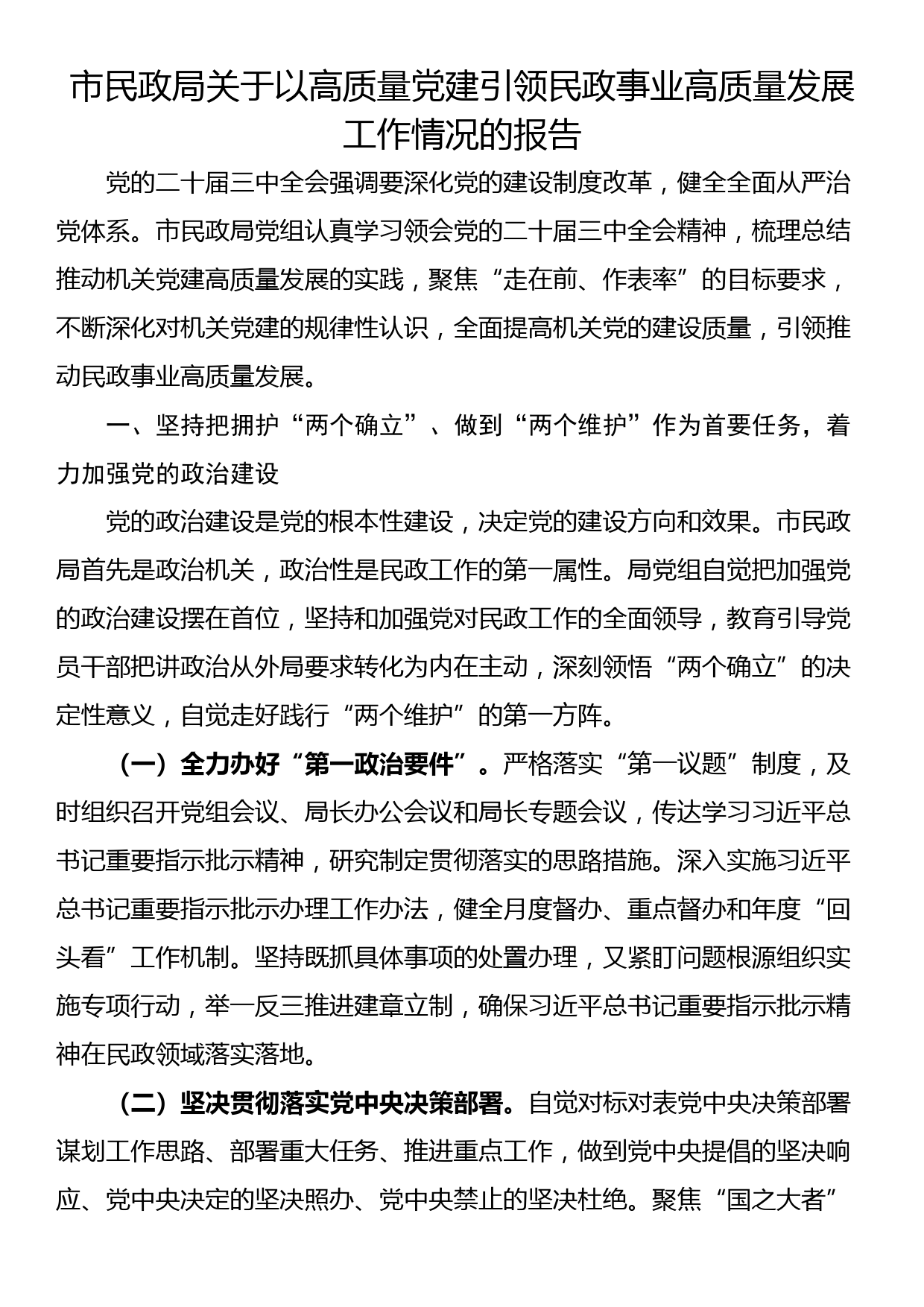 市民政局关于以高质量党建引领民政事业高质量发展工作情况的报告_第1页