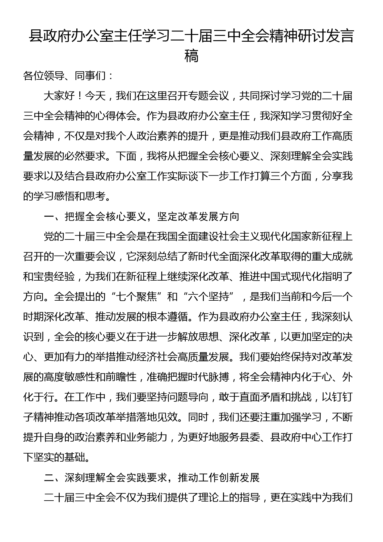 县政府办公室主任学习二十届三中全会精神研讨发言稿_第1页