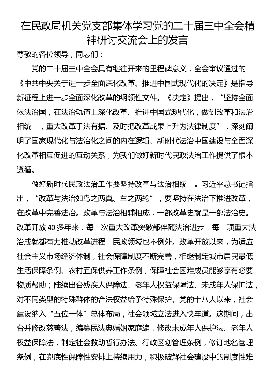 在民政局机关党支部集体学习党的二十届三中全会精神研讨交流会上的发言_第1页