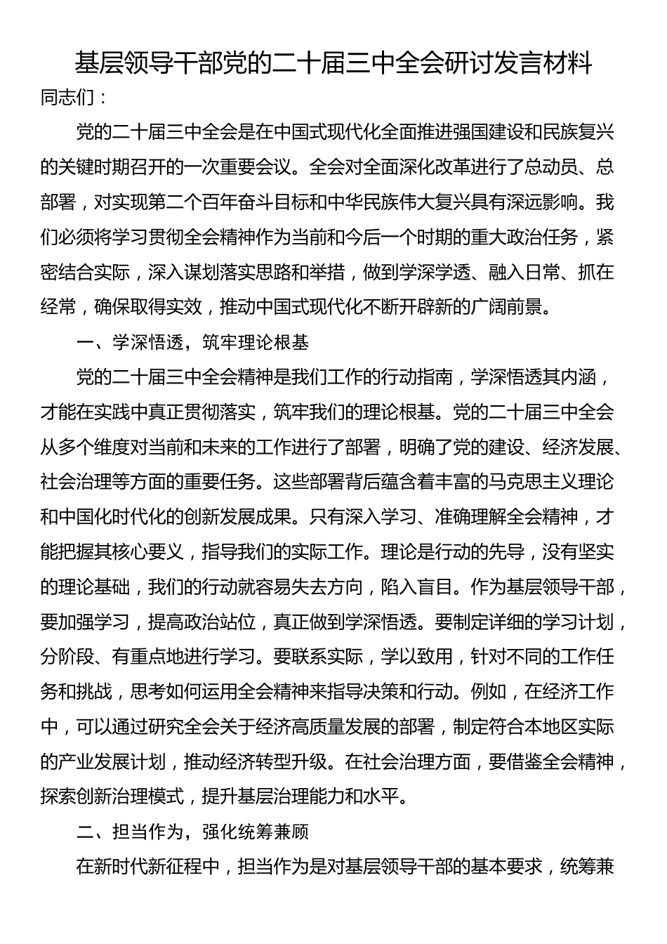 基层领导干部党的二十届三中全会研讨发言材料_第1页