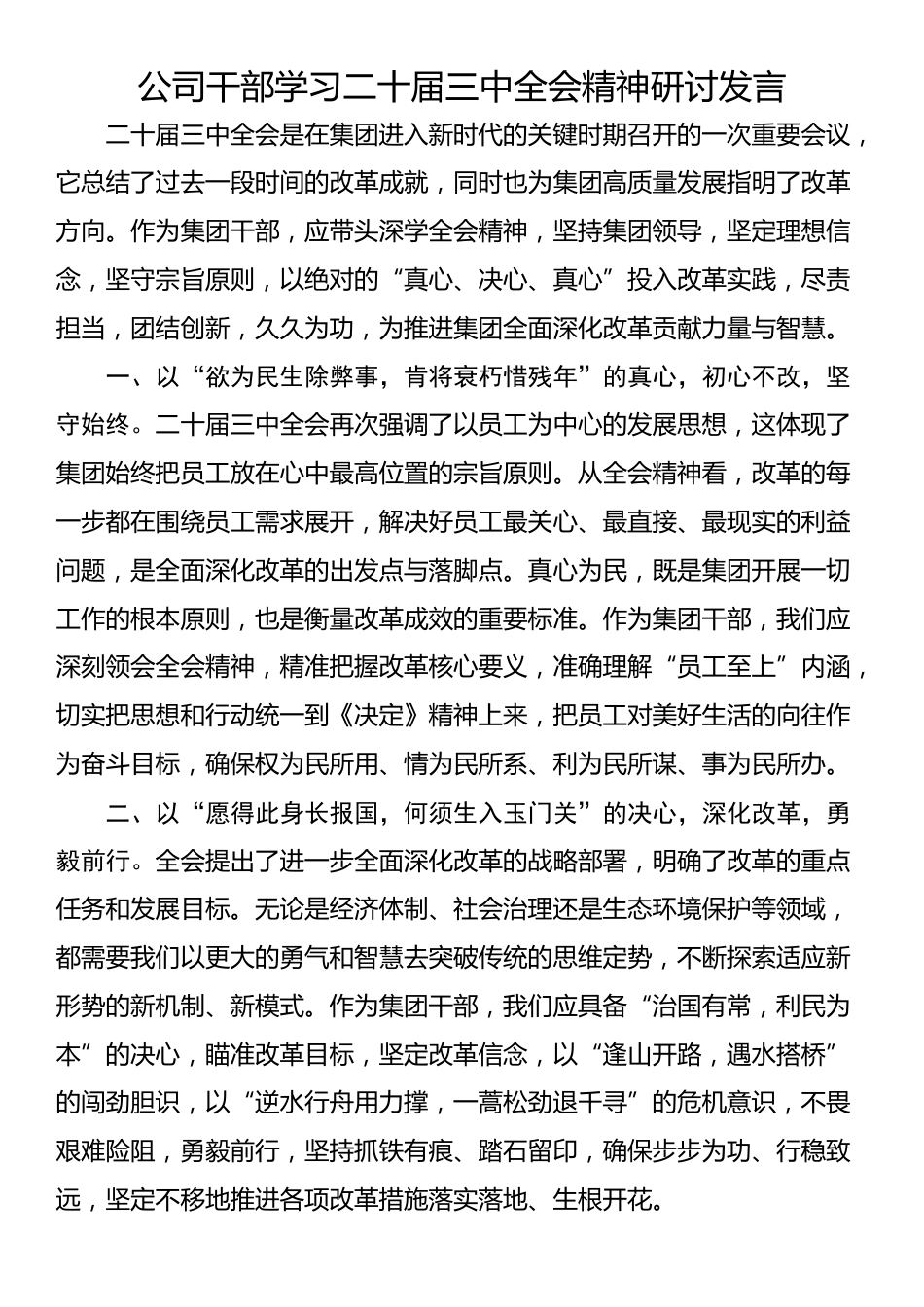 公司干部学习二十届三中全会精神研讨发言_第1页