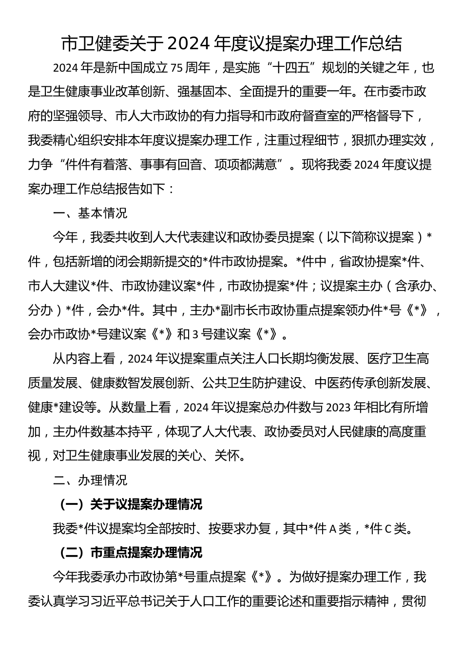 市卫健委关于2024年度议提案办理工作总结_第1页