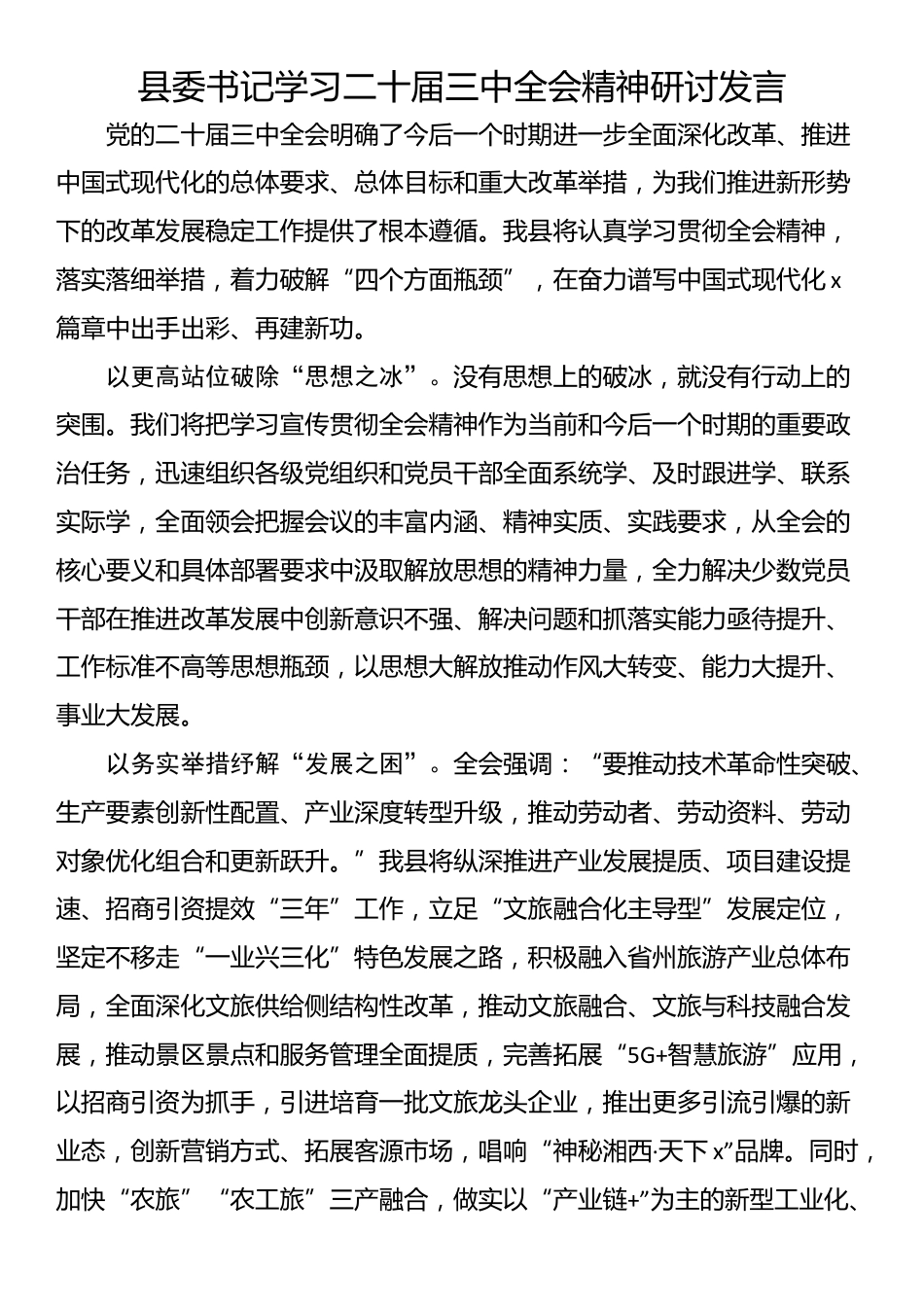 县委书记学习二十届三中全会精神研讨发言_第1页