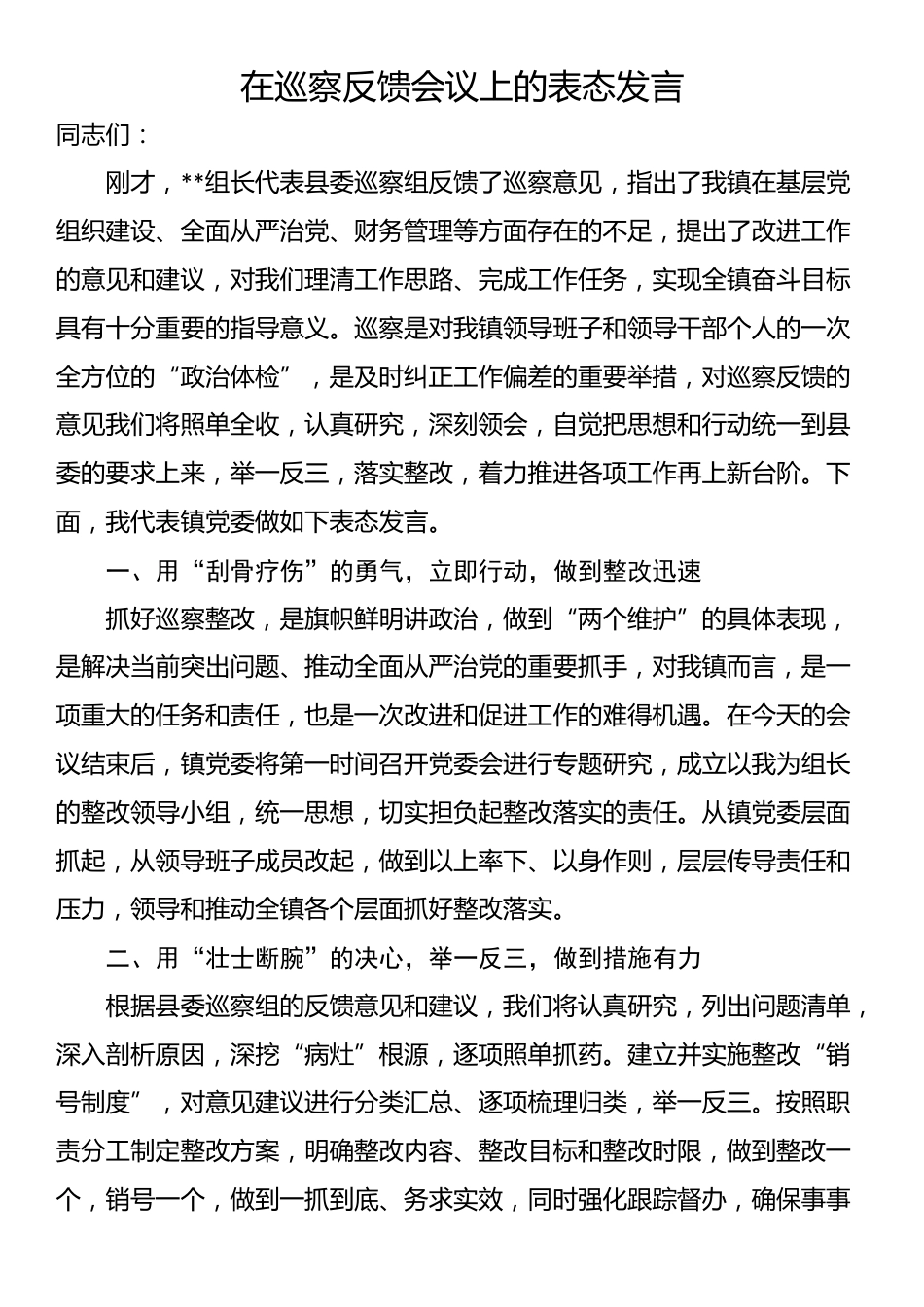 在巡察反馈会议上的表态发言_第1页