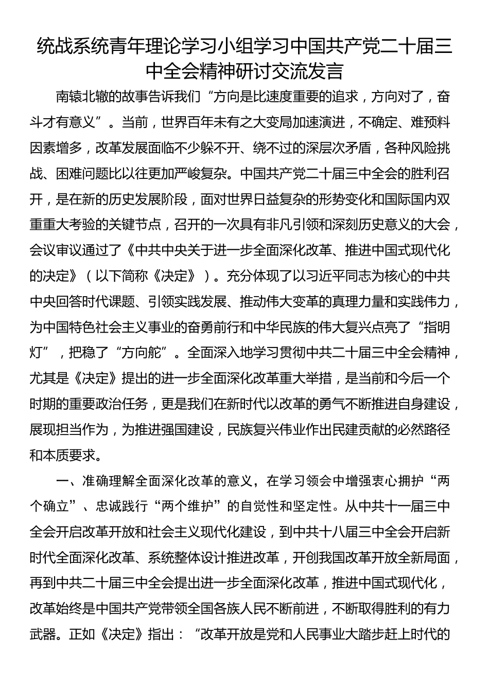 统战系统青年理论学习小组学习中国共产党二十届三中全会精神研讨交流发言_第1页