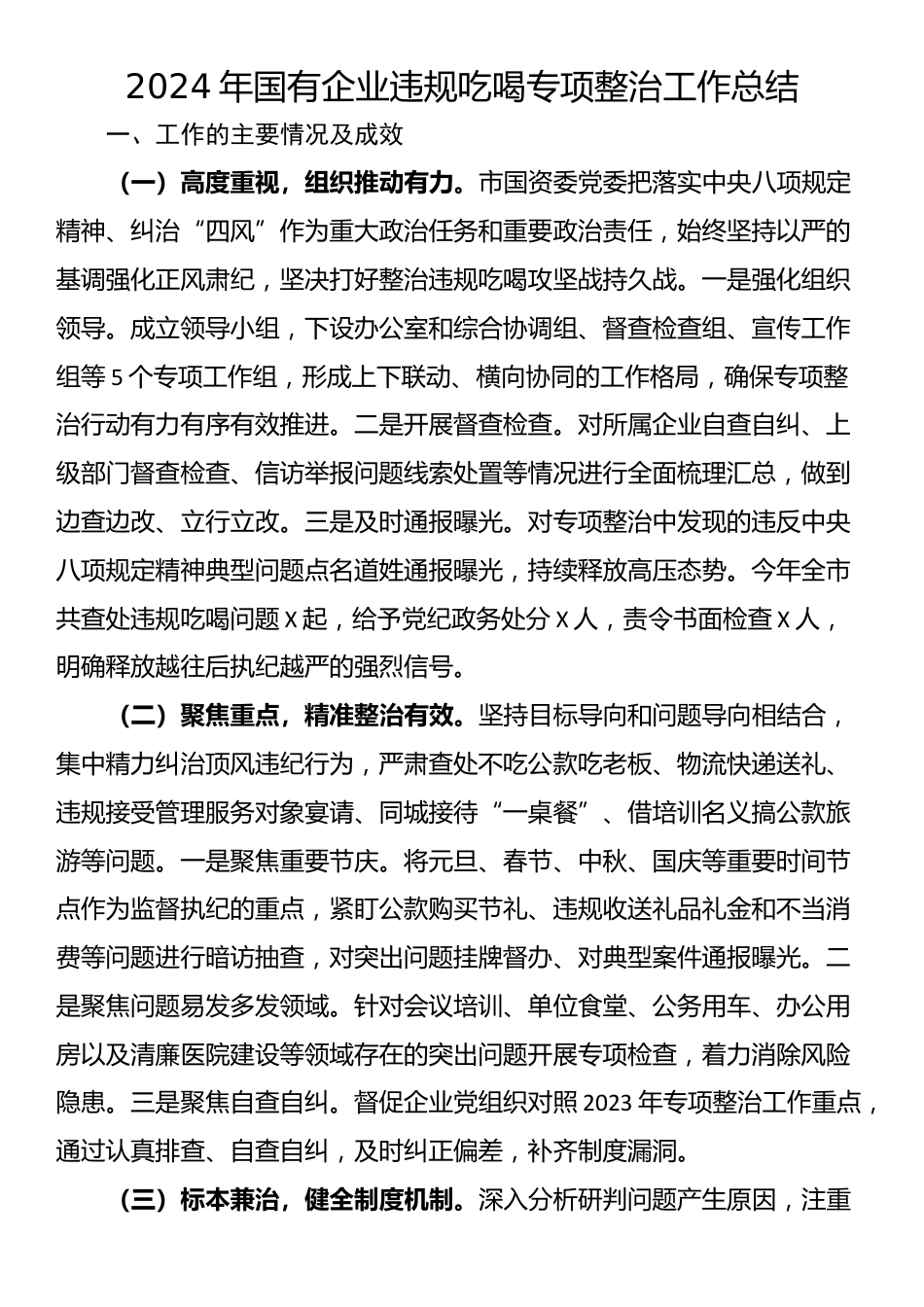 2024年国有企业违规吃喝专项整治工作总结_第1页