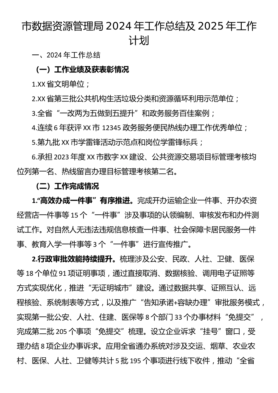 市数据资源管理局2024年工作总结及2025年工作计划_第1页