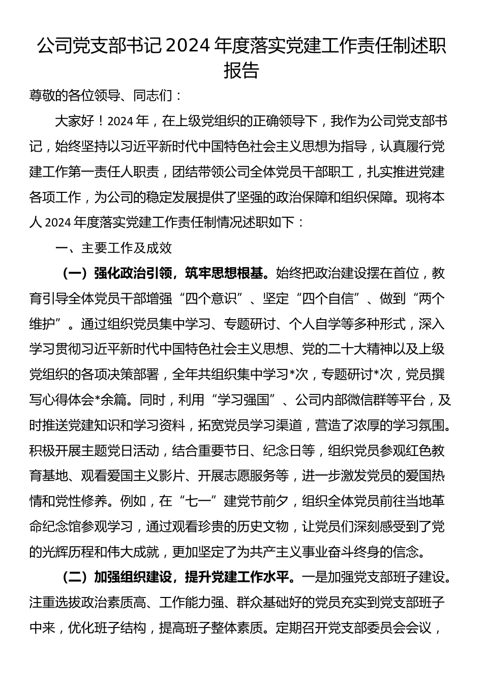 公司党支部书记2024年度落实党建工作责任制述职报告_第1页