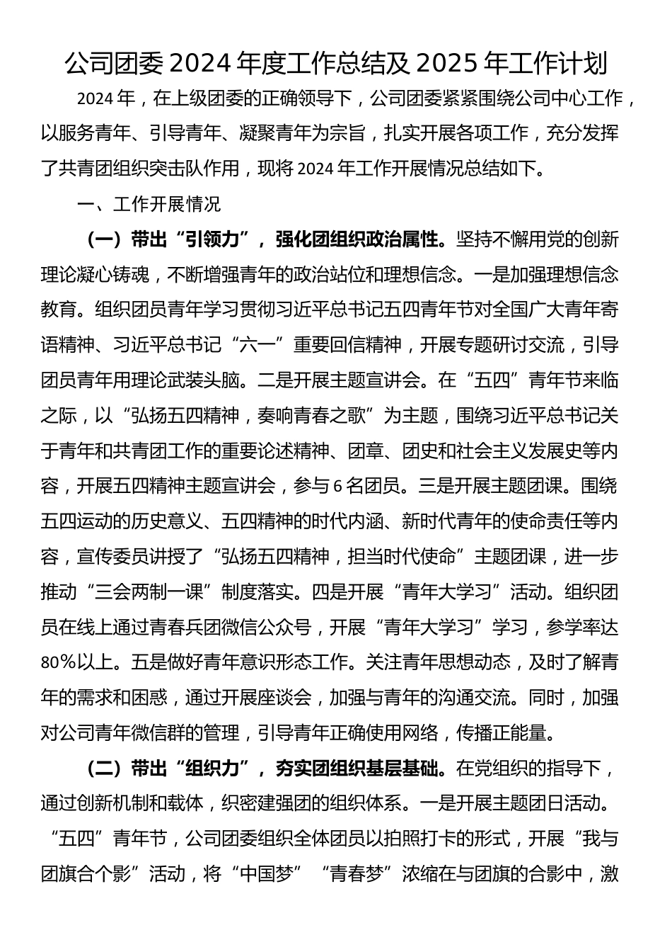 公司团委2024年度工作总结及2025年工作计划_第1页