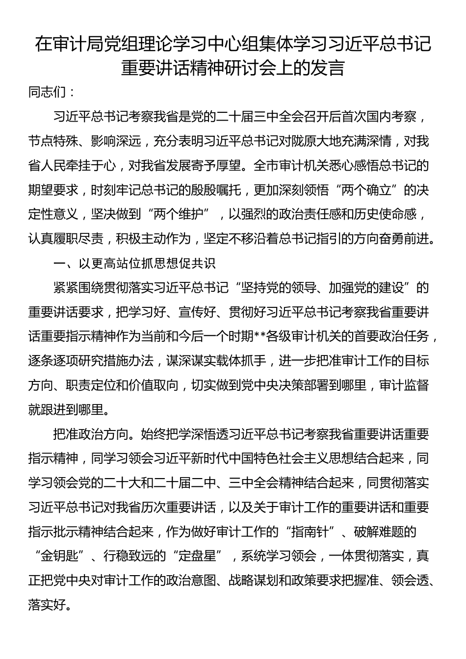 在审计局党组理论学习中心组集体学习习近平总书记重要讲话精神研讨会上的发言_第1页