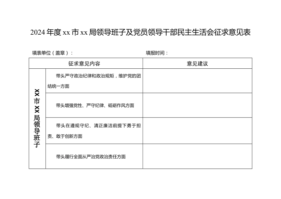 2024年度领导班子及党员领导干部民主生活会征求意见表.docx_第1页