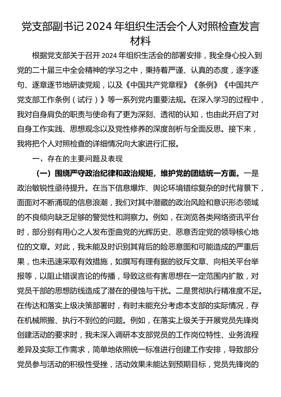 党支部副书记2024年组织生活会个人对照检查发言材料_第1页