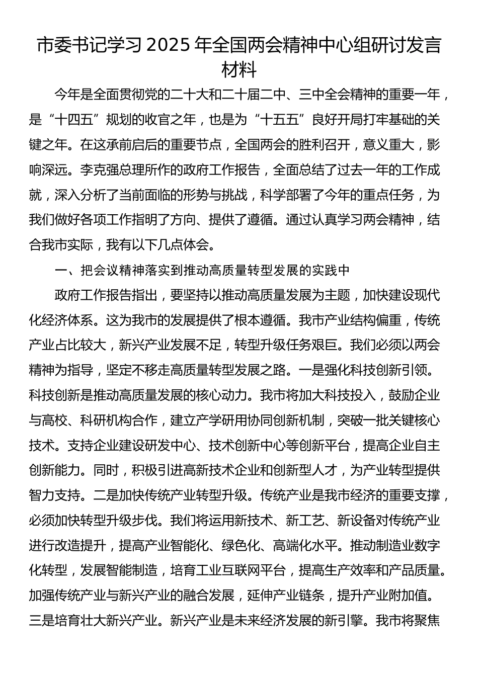 市委书记学习2025年全国两会精神中心组研讨发言材料_第1页