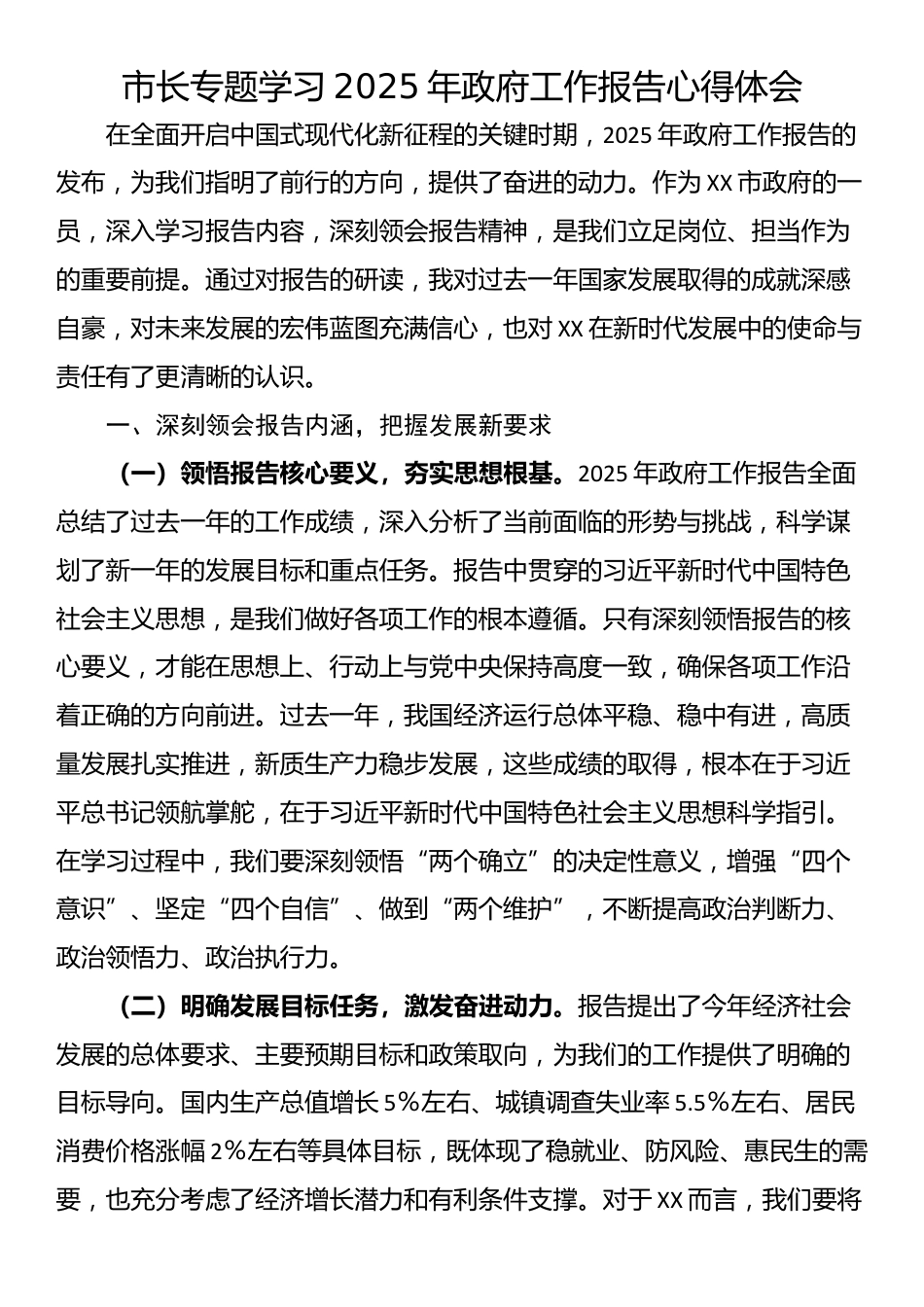 市长专题学习2025年政府工作报告心得体会_第1页