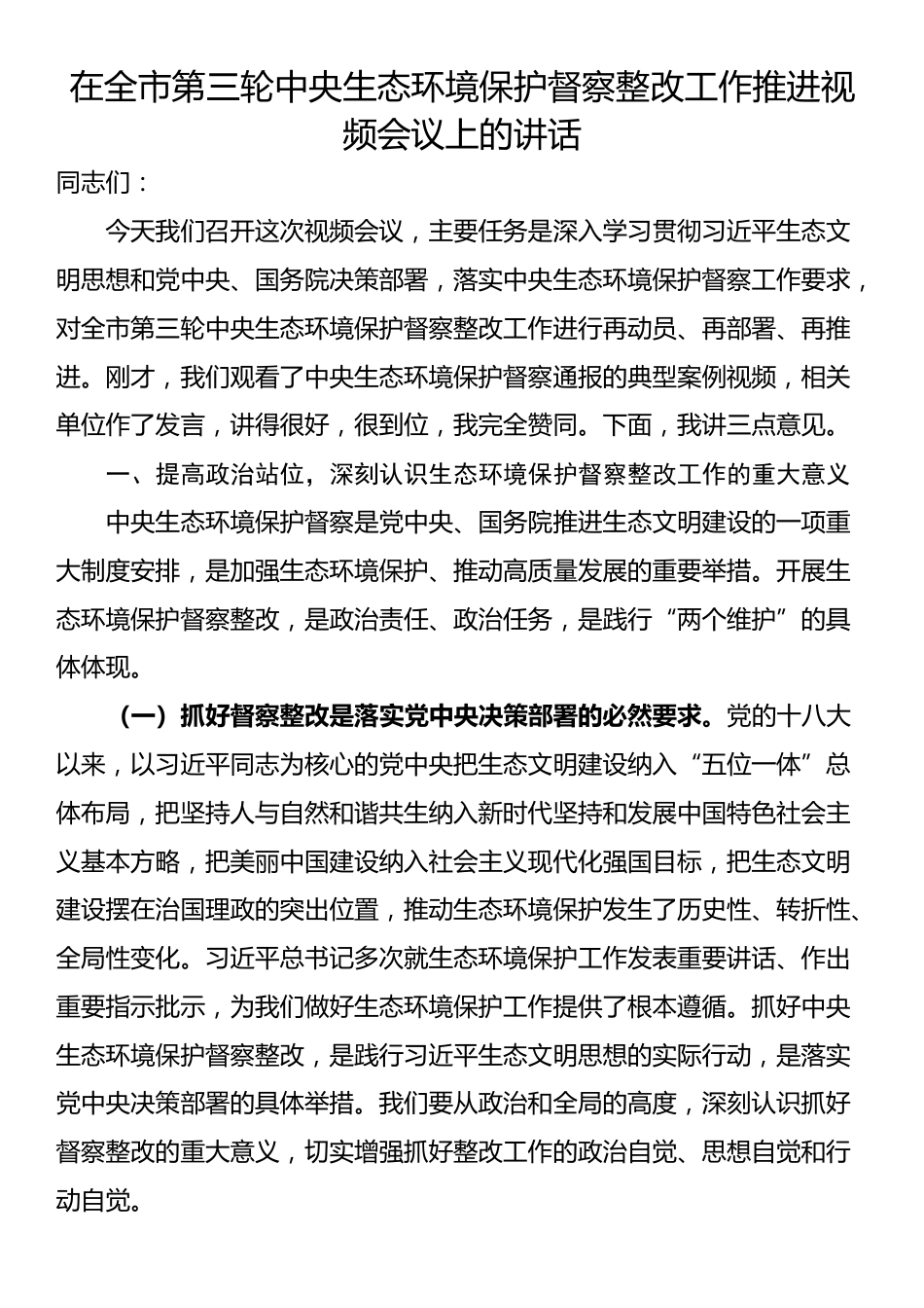 在全市第三轮中央生态环境保护督察整改工作推进视频会议上的讲话_第1页