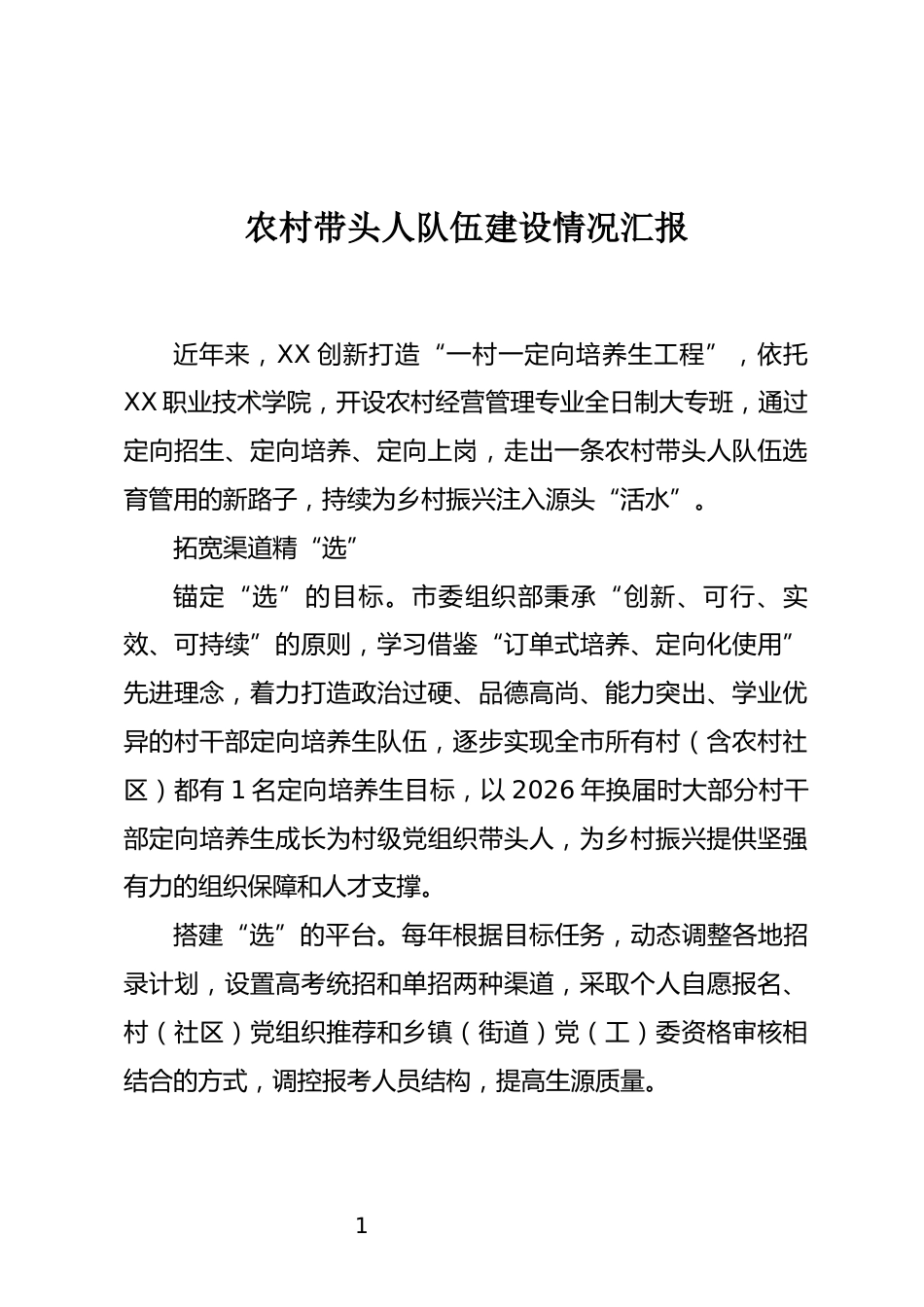 农村带头人队伍建设情况汇报_第1页
