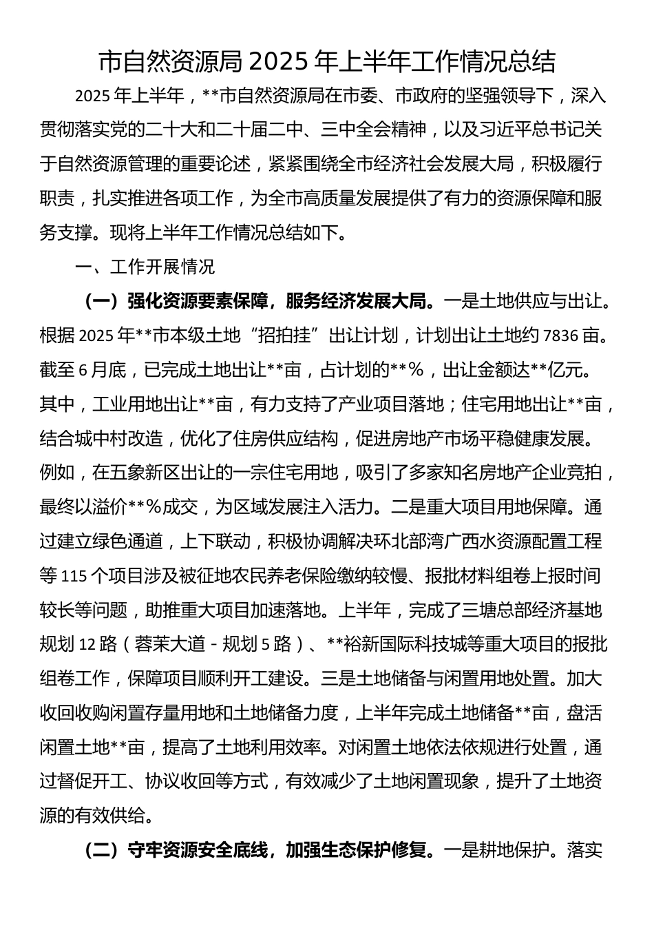 市自然资源局2025年上半年工作情况总结_第1页