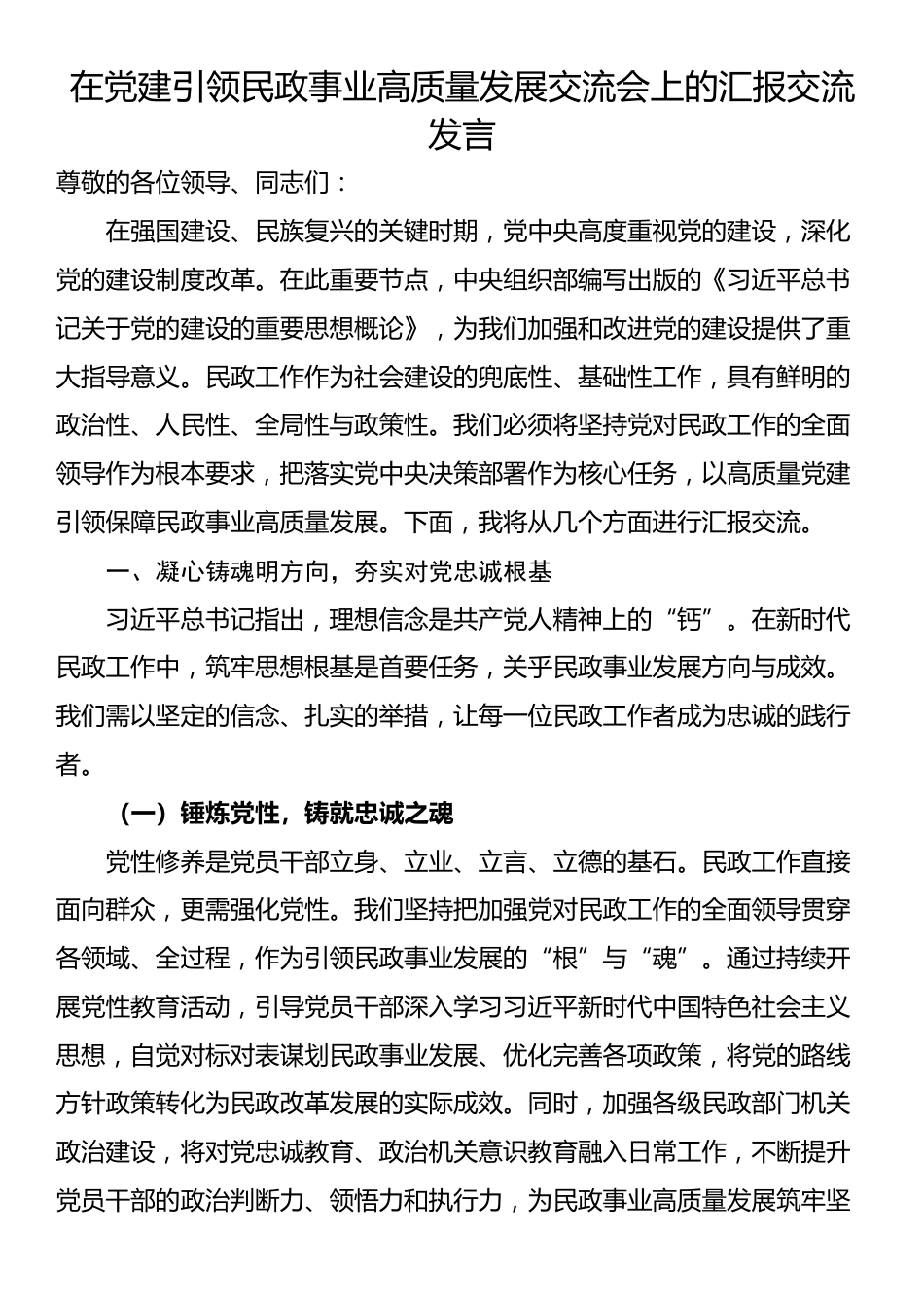 在党建引领民政事业高质量发展交流会上的汇报交流发言_第1页