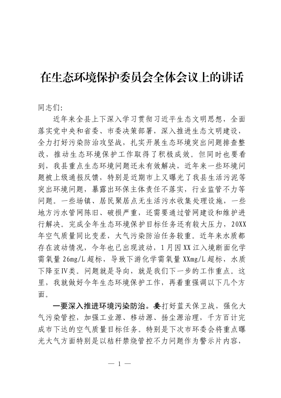 生态环境保护委员会会议上的讲话_第1页