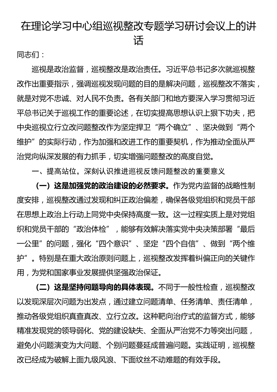 在理论学习中心组巡视整改专题学习研讨会议上的讲话_第1页