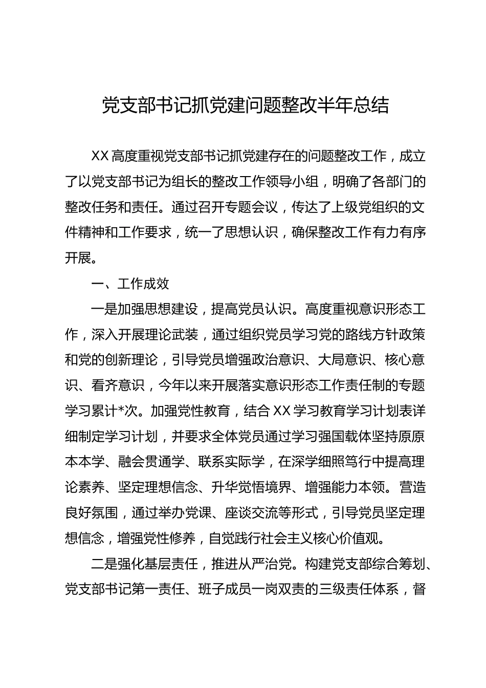 党支部书记抓党建问题整改半年总结_第1页