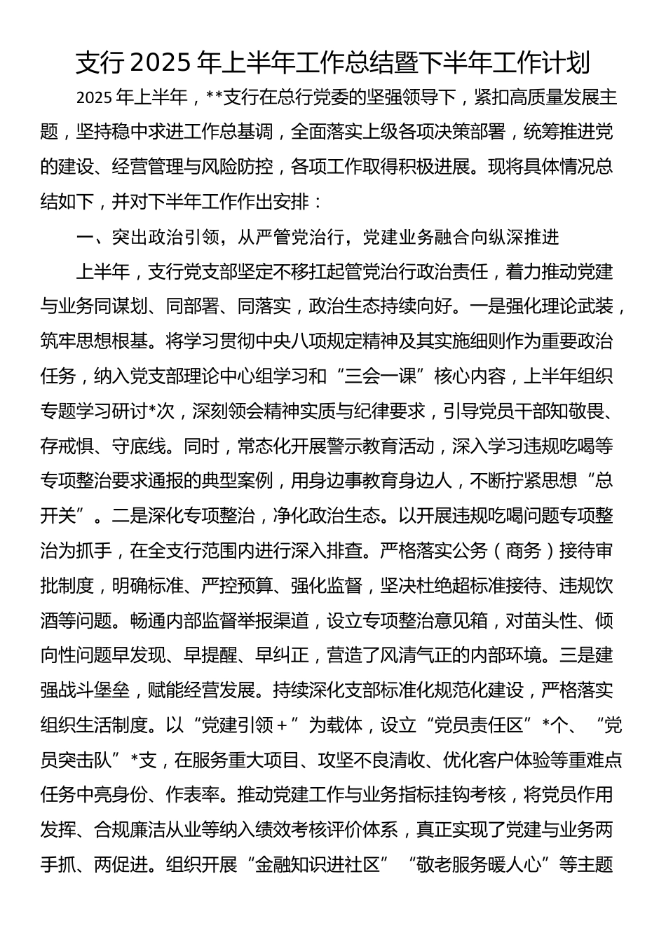支行2025年上半年工作总结暨下半年工作计划_第1页