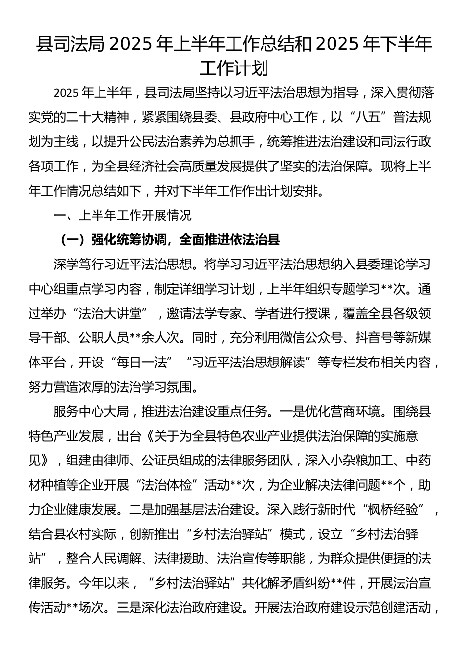 县司法局2025年上半年工作总结和2025年下半年工作计划_第1页