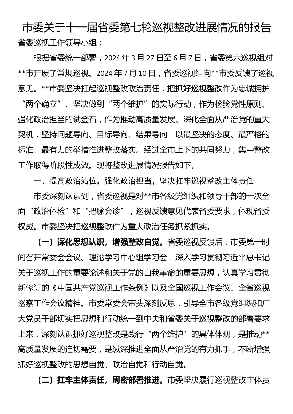 市委关于十一届省委第七轮巡视整改进展情况的报告_第1页