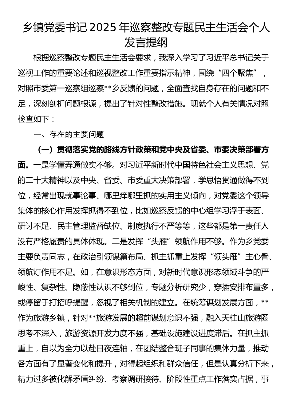 乡镇党委书记2025年巡察整改专题民主生活会个人发言提纲_第1页