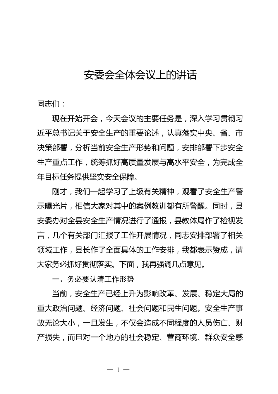 安委会全体会议上的讲话_第1页