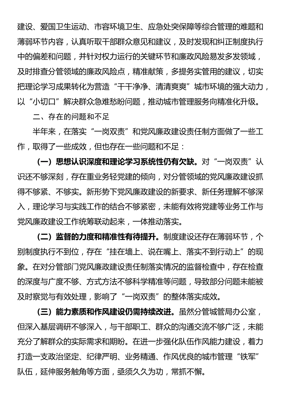 城管局副局长2025年上半年履行“一岗双责”责任的情况报告_第3页
