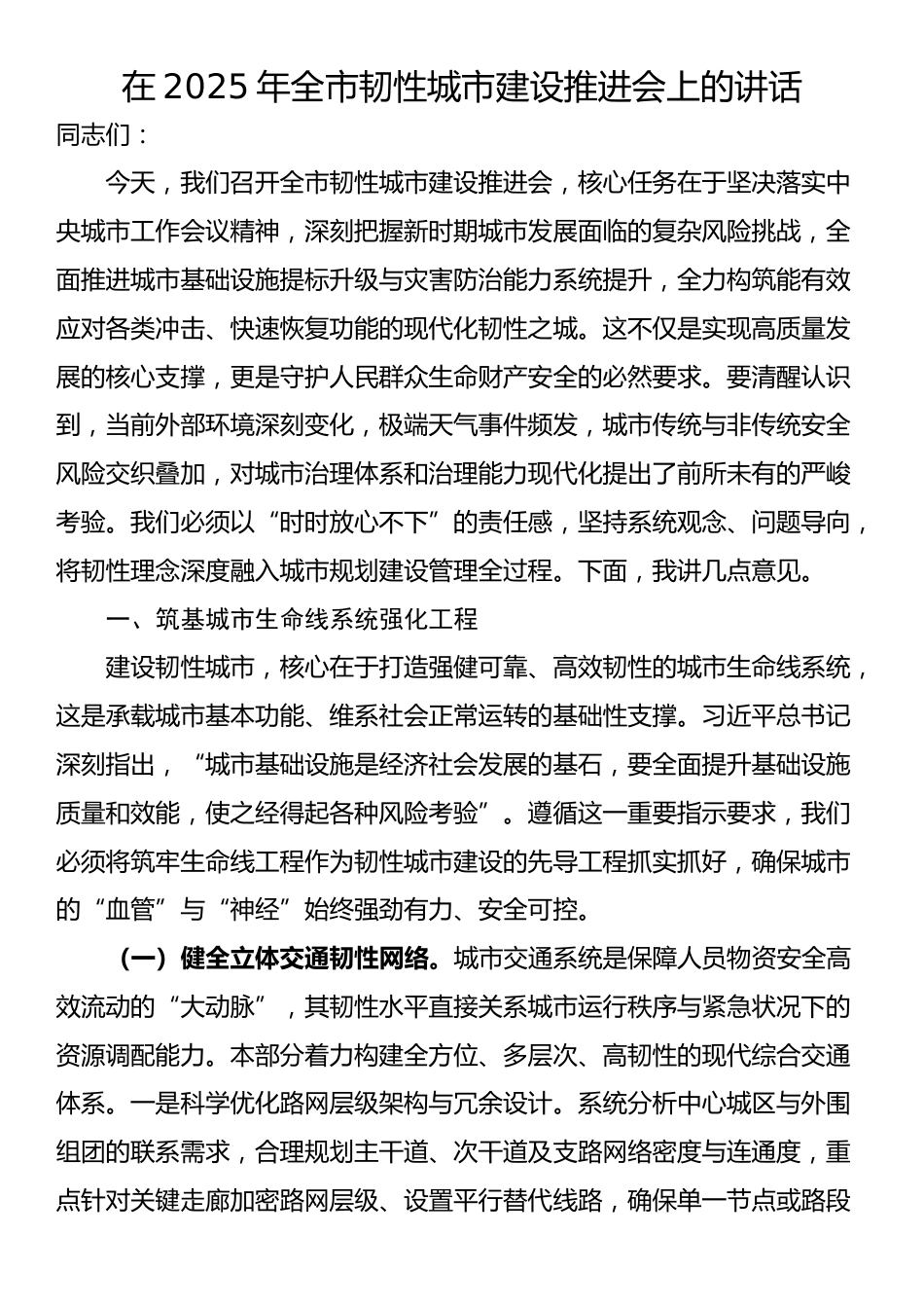 在2025年全市韧性城市建设推进会上的讲话_第1页