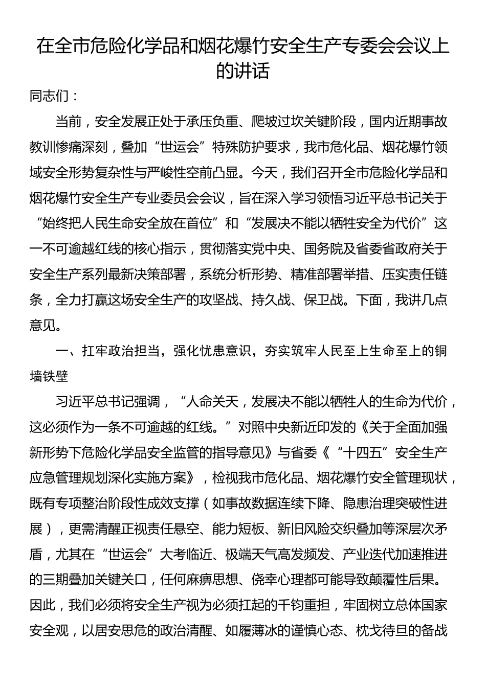 在全市危险化学品和烟花爆竹安全生产专委会会议上的讲话_第1页