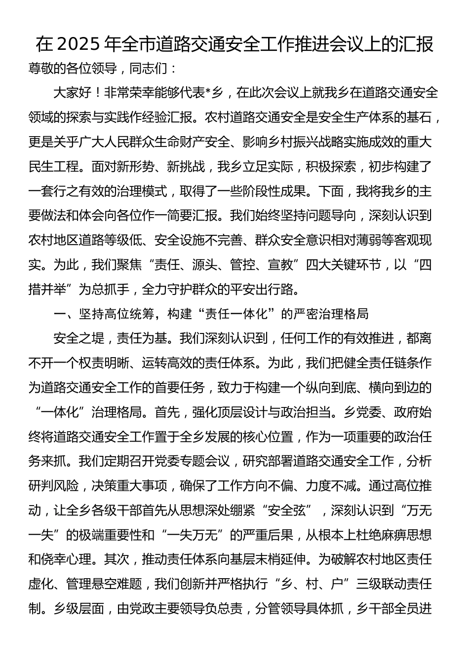 在2025年全市道路交通安全工作推进会议上的汇报_第1页