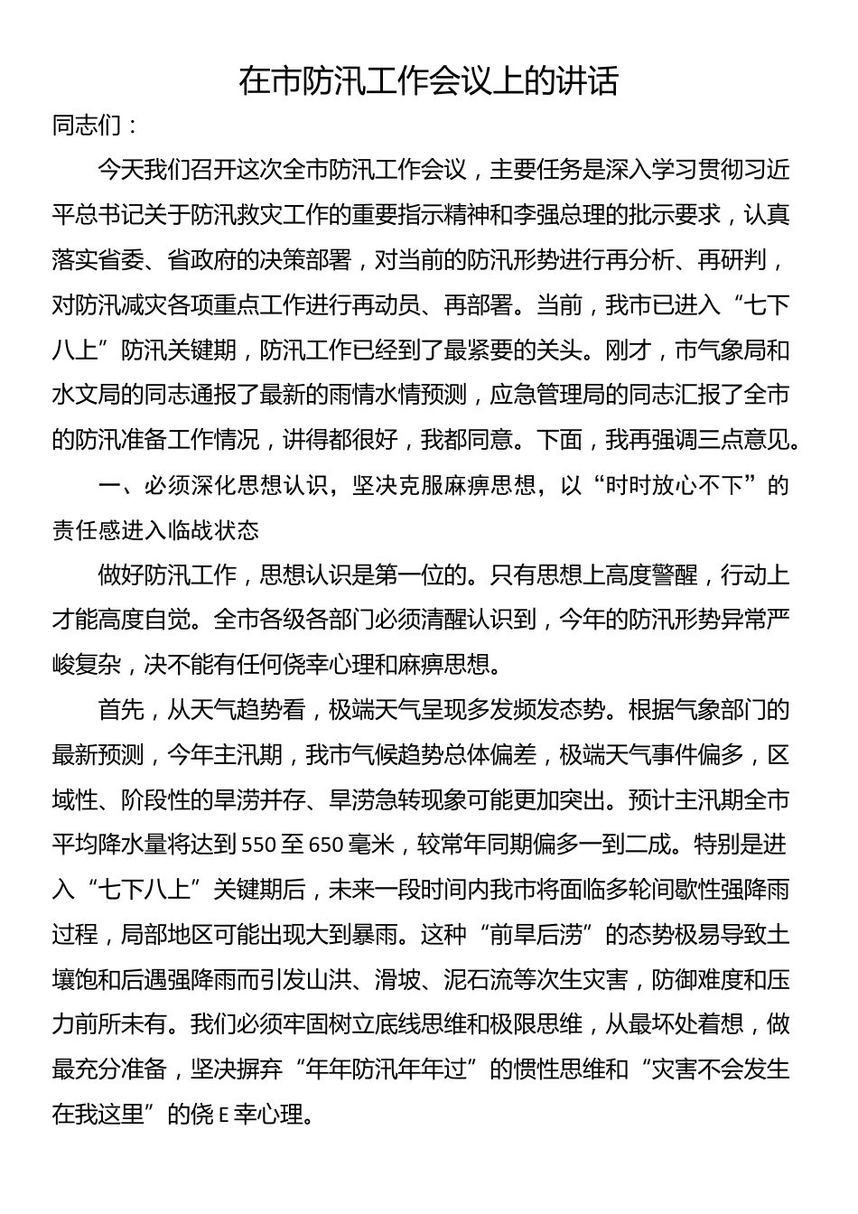 在市防汛工作会议上的讲话_第1页