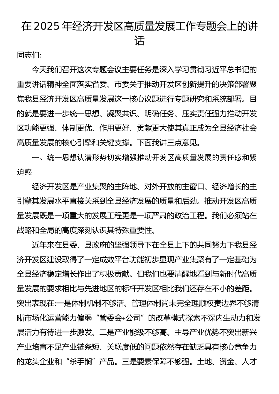 在2025年经济开发区高质量发展工作专题会上的讲话_第1页