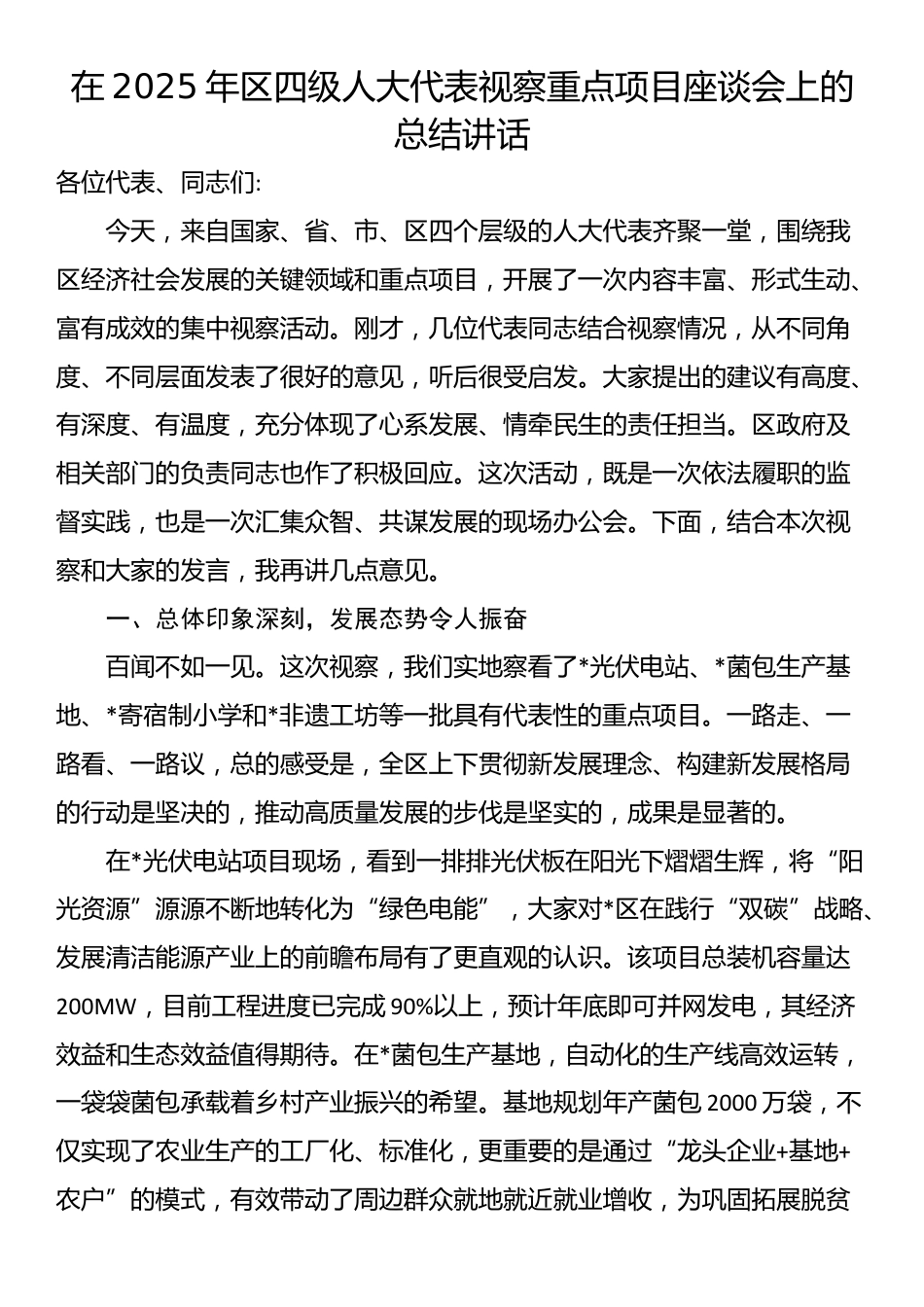 在2025年区四级人大代表视察重点项目座谈会上的总结讲话_第1页