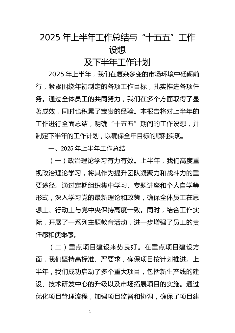 2025年上半年工作总结与“十五五”工作设想及下半年工作计划_第1页