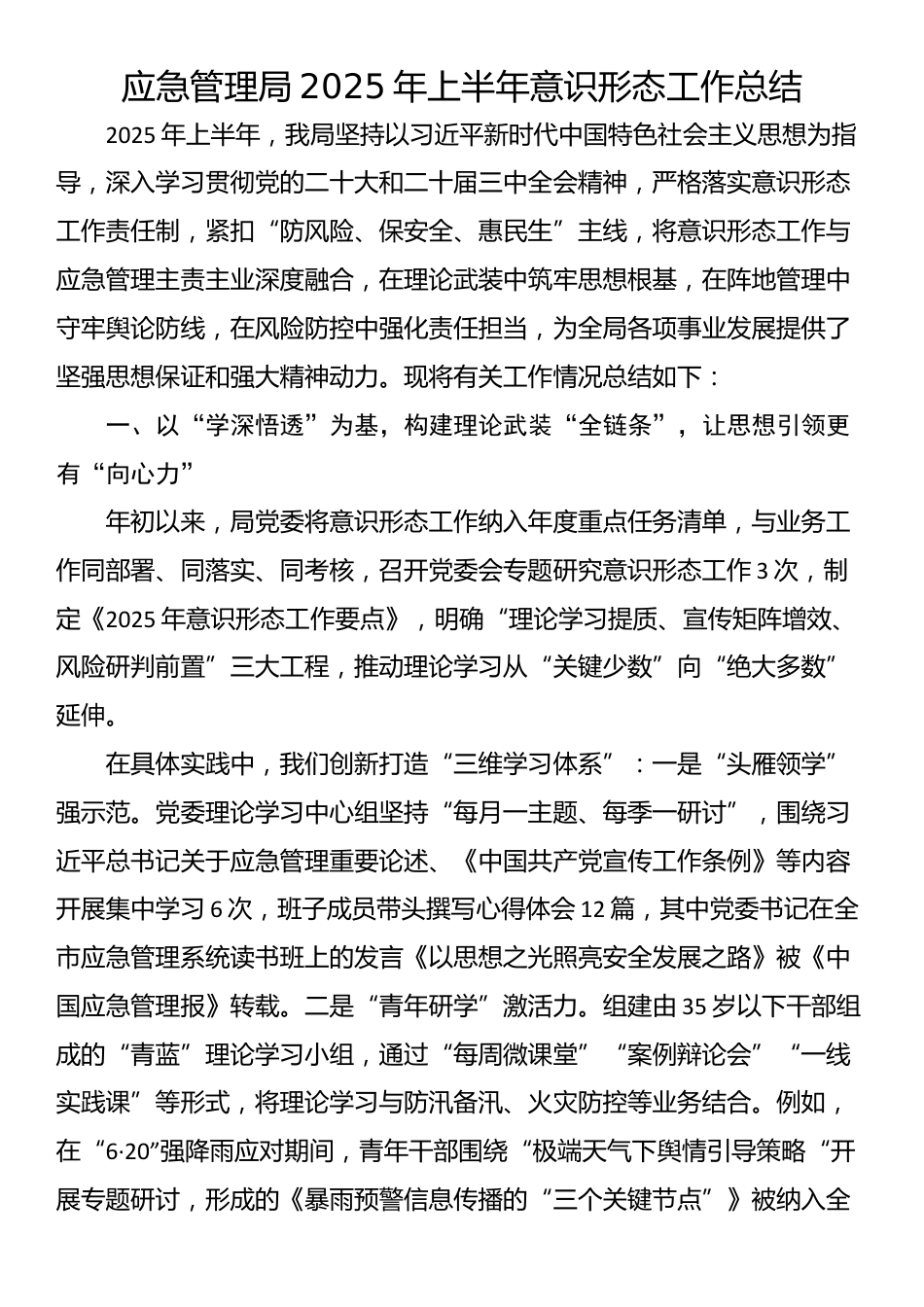 应急管理局2025年上半年意识形态工作总结_第1页