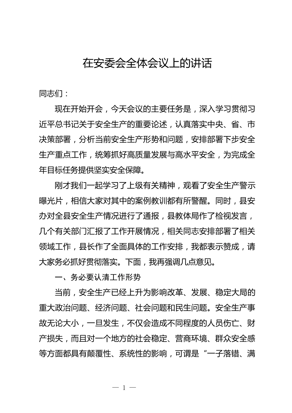 安委会全体会议上的讲话_第1页