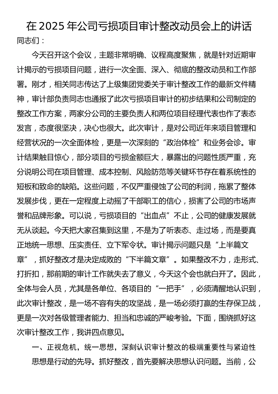 在2025年公司亏损项目审计整改动员会上的讲话_第1页