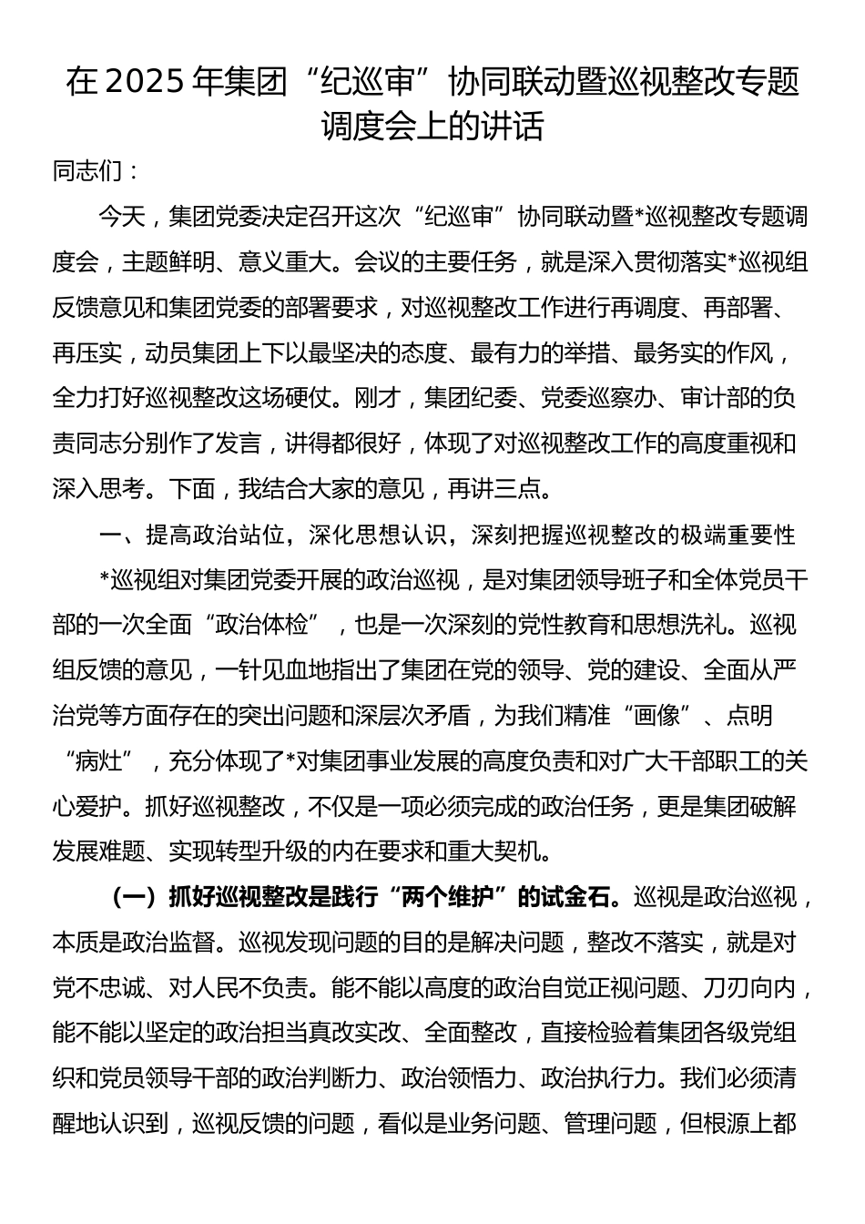 在2025年集团“纪巡审”协同联动暨巡视整改专题调度会上的讲话_第1页