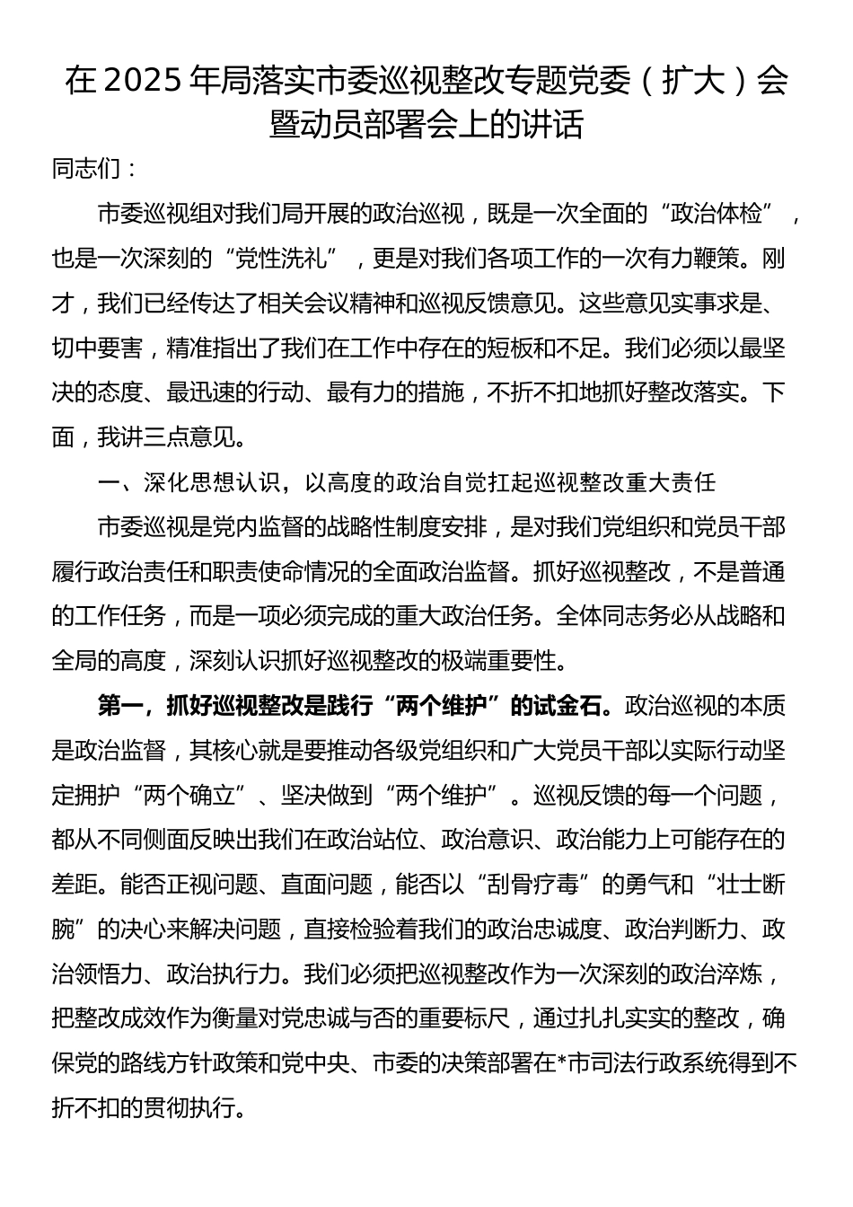在2025年局落实市委巡视整改专题党委（扩大）会暨动员部署会上的讲话_第1页