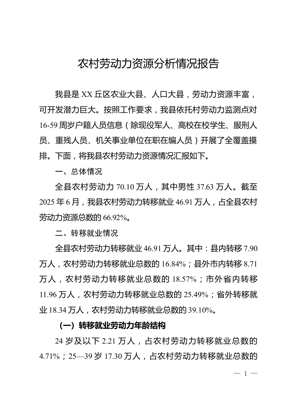 农村劳动力资源分析情况报告_第1页