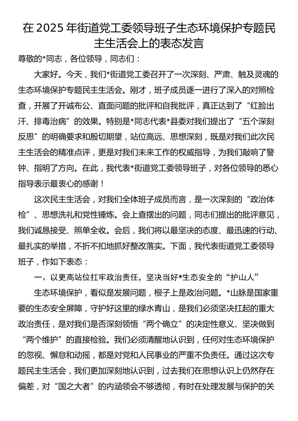 在2025年街道党工委领导班子生态环境保护专题民主生活会上的表态发言_第1页
